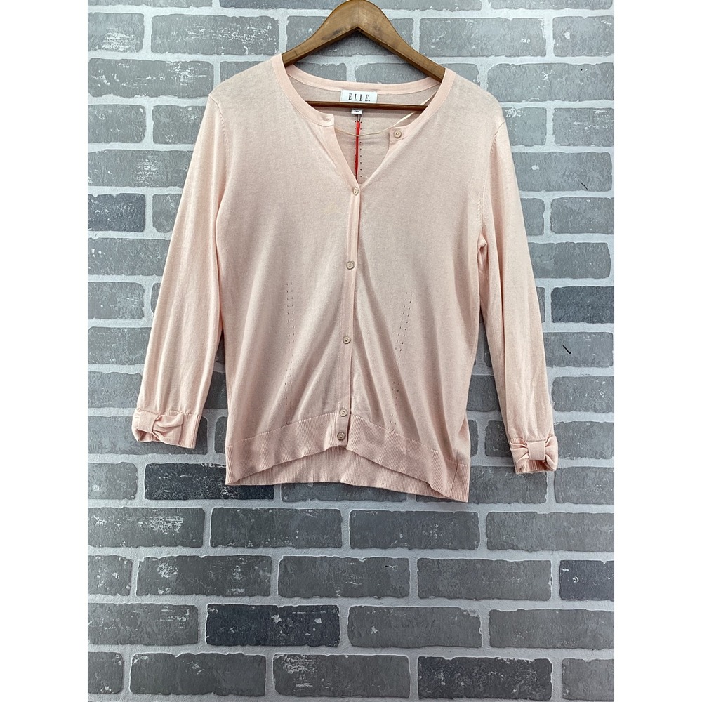 Elle Bow Cuffed Cardigan Cloud Pink V-Neck Button Front 3/4 Sleeve NWT Medium